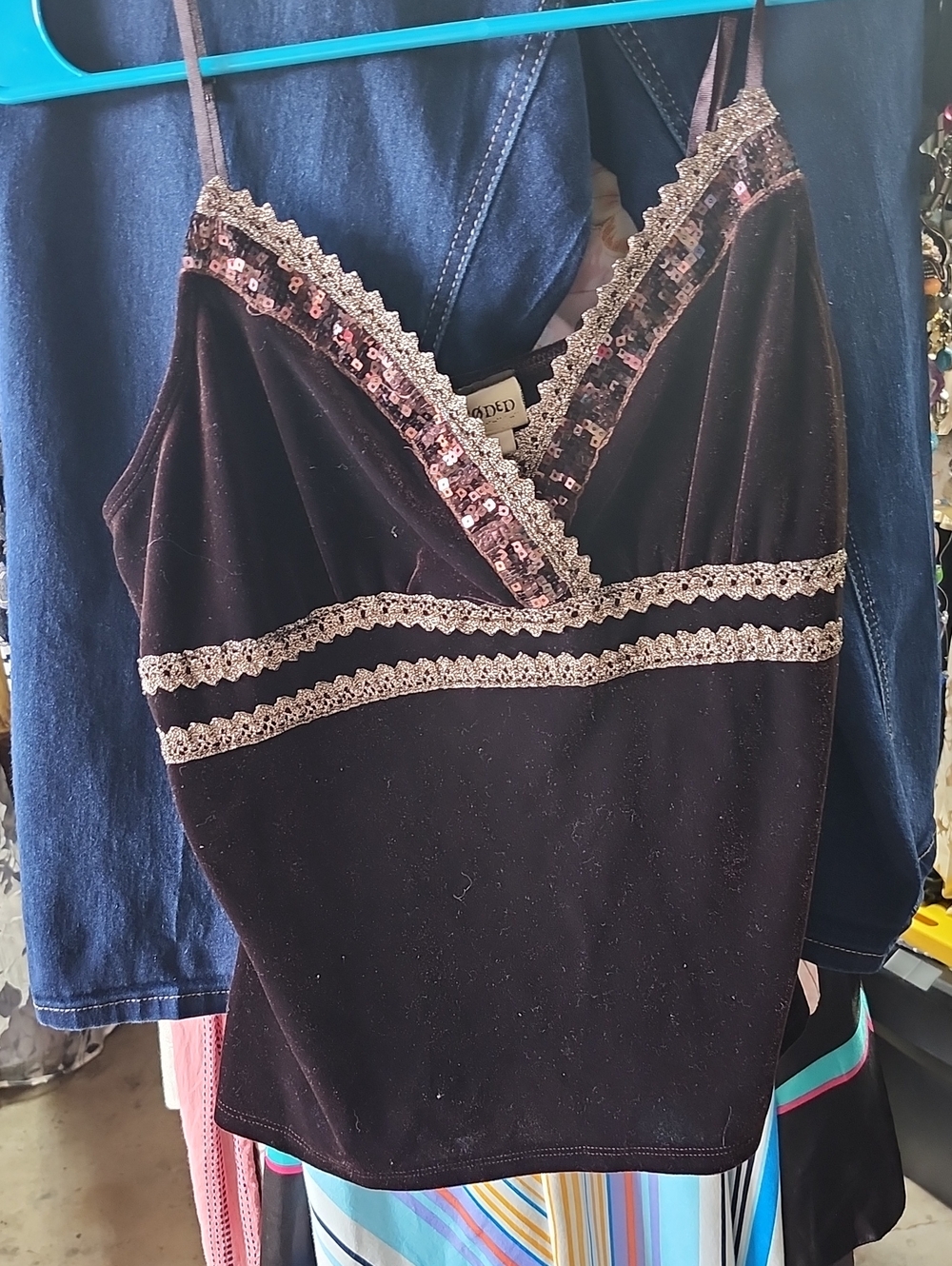 Velvet Sequin-Trim Camisole in Dark Brown